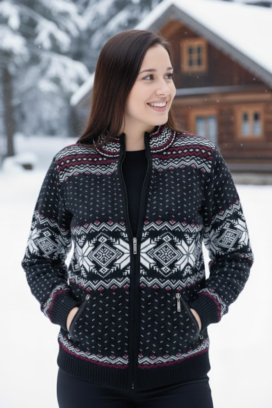 Oria-Z ženski črn volnen pulover z norveškim vzorcem