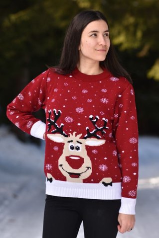 Ženski crveni božićni pulover s jelenom – Sobik
