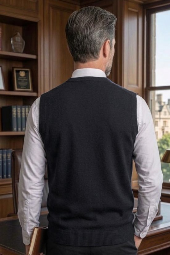 Pohľad zozadu na elegantne oblečeného muža v čiernej pletenej veste Ewident s bielou košeľou