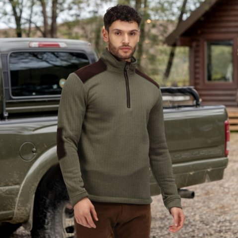 Men’s Country Fleece Half Zip Pullover – 260 g/m², Jacquard Knit with Corduroy Panels