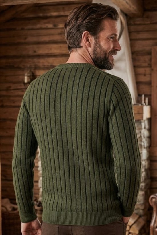 Rückansicht des Ewident Herren-Strickpullovers in Olivgrün mit Rippenmuster.