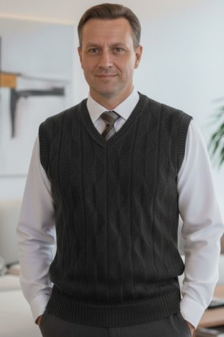 Crni muški pleteni prsluk Ewident na muškarcu s bijelom košuljom