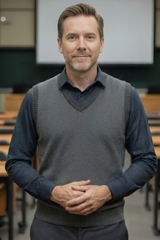 Moški stoji pred univerzo v temnosivi rahlo vzorčasti moški pleteni telovniku in temnosivi srajci