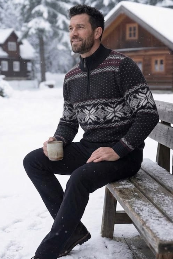 Orio-Z moški črn pulover in norveškim vzorcem