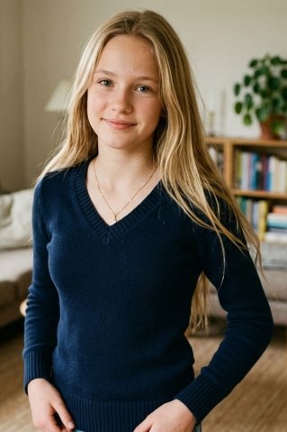 Usměvavá mladá dívka s dlouhými blond vlasy v pleteném modrém svetru a s jemným zlatým řetízkem na krku.