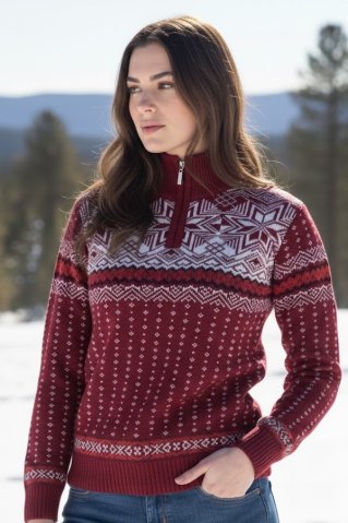 Dámsky vlnený nórsky sveter Libora-Z bordo | Hrejivý sveter na zips