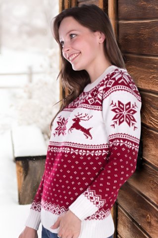 Life – Damen Bordeaux Norwegischer Pullover mit Hirschmotiv