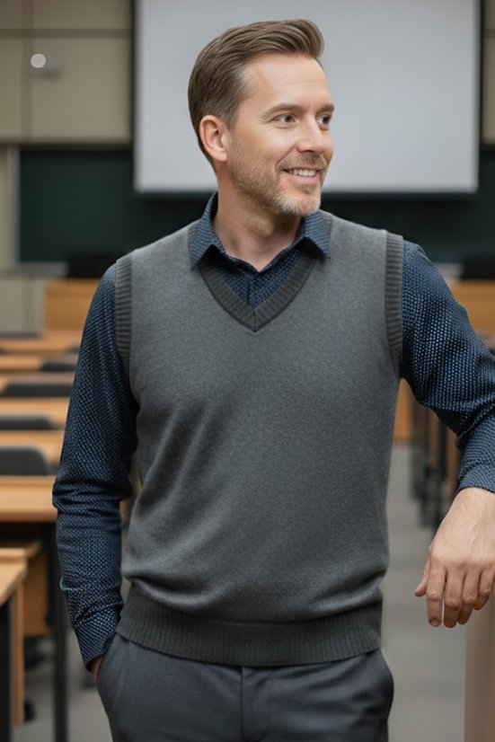 Muškarac u tamnosivoj, lagano uzorkovanoj pamučnoj muškoj pletenoj vestici i tamnosivoj košulji