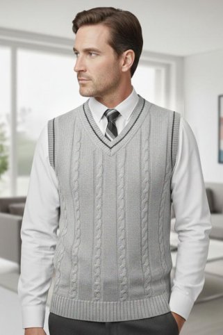 Sivi muški pleteni prsluk s pletenim uzorkom | Kontrastni detalj