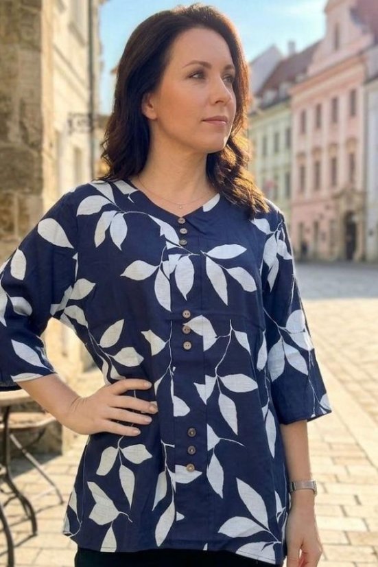 Ženska lahka poletna bluza mešanica bombaž - lan  navy