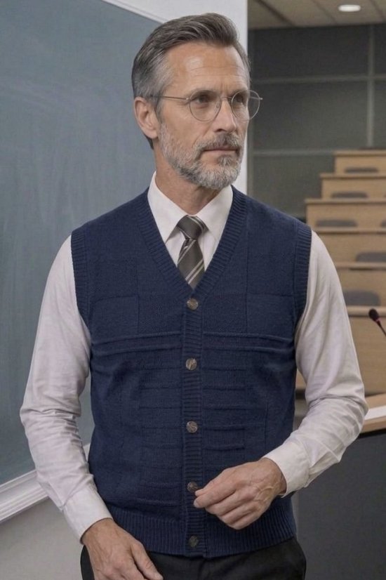 Muški pleteni prsluk na gumbe – tamnoplava