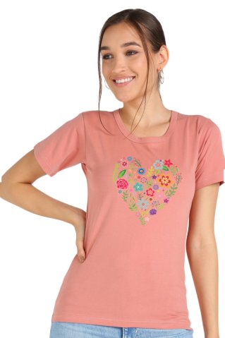 Women's short sleeve T-shirt with heart motif coral
