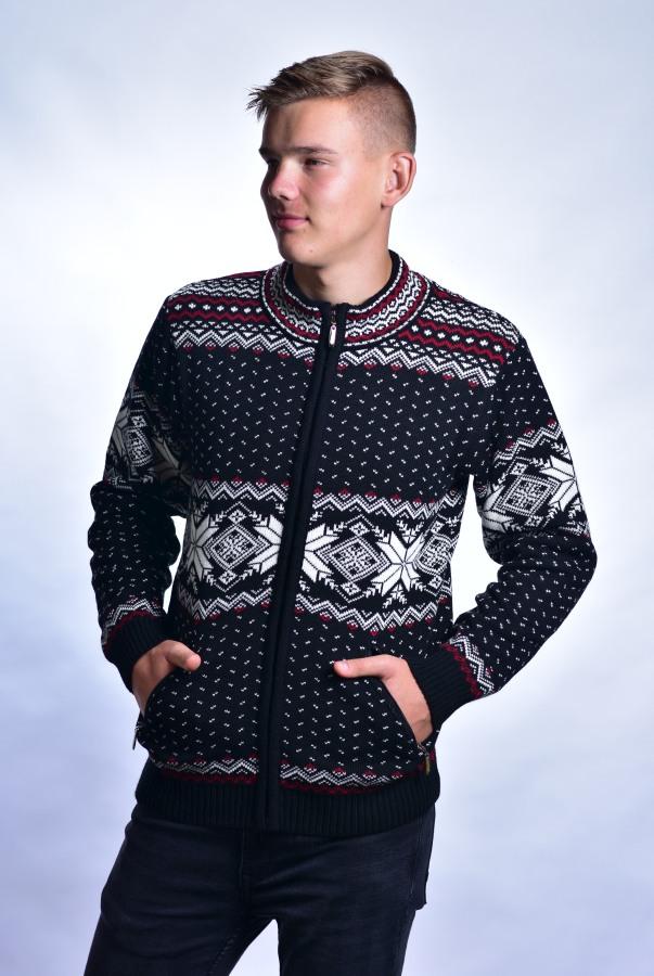 Gyapjú férfi norvég pulóver Orio AZ zsebekkel, fekete