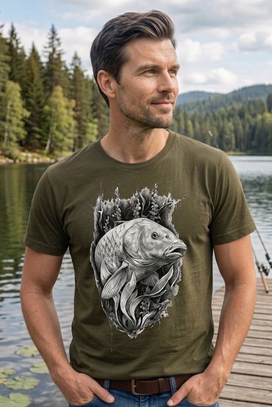 Muška ribolovna majica – Motiv Šaran, maslinasta boja