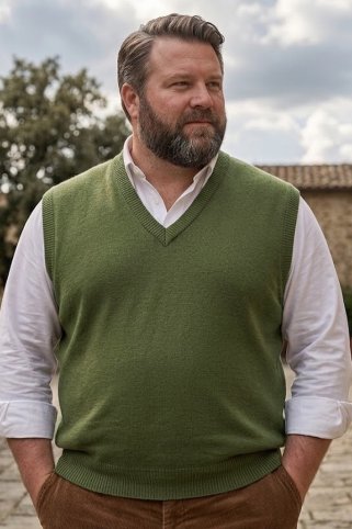 Detail pánskej pletenej vesty Ewident, muž stojaci ležérne s rukou vo vrecku Detail pánskej pletenej vesty Ewident, muž stojaci ležérne s rukou vo vrecku