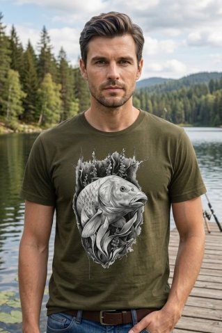 Muška ribolovna majica – Motiv Šaran, maslinasta boja