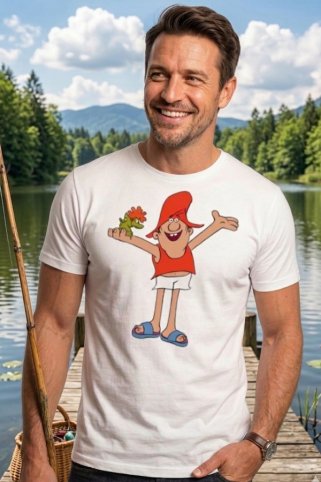 Muška bijela ribolovna majica Ewident sa zabavnim retro motivom ribiča uz jezero