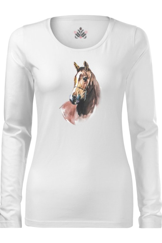 Bijela ženska pamučna majica Ewident s crnim akvarelnim tiskom konja, prednji pogled, izolirano na bijeloj pozadini.