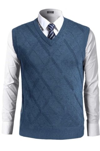 Nowoczesny męski bezrękawnik dzianinowy Ewident z dekoltem w serek i eleganckim wzorem w romby w atrakcyjnym jeansowym wydaniu. Nowoczesny męski bezrękawnik dzianinowy Ewident z dekoltem w serek i eleganckim wzorem w romby w atrakcyjnym jeansowym wydaniu.