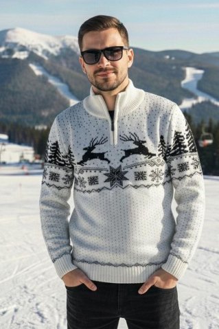Pánský svetr s jelenem Oliver-Z natur | Hřejivý zimní svetr se zipem