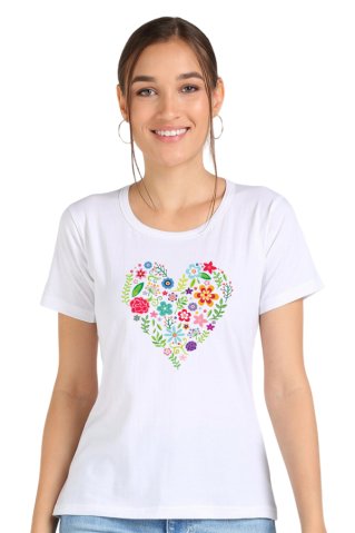 Women's short sleeve T-shirt with heart motif white