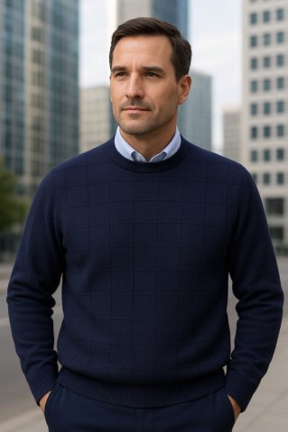 Plavi pulover s reljefnim uzorkom