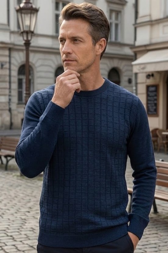 Muški tamnoplavi pleteni pulover Kocka na muškarcu u ležernoj pozi, smart-casual stil