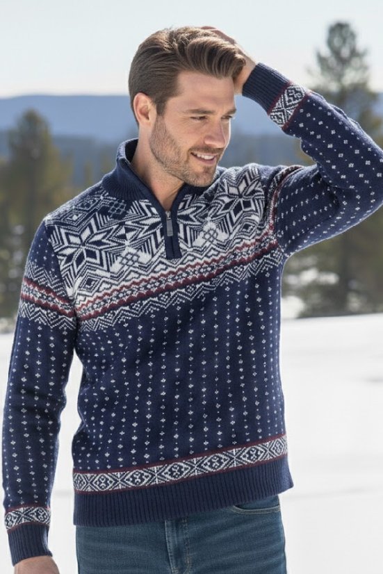 Muški vuneni norveški džemper Libor-Z plava | Topli zimski džemper sa zatvaračem