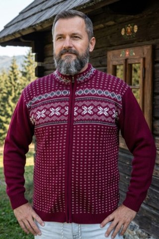 Pulover norvegian vișiniu pentru bărbați cu fermoar