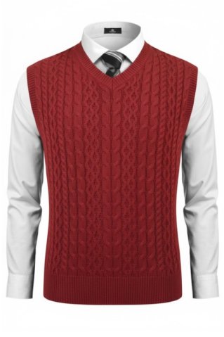 Bordová pánska pletená vesta Ewident s vrkočovým vzorom na bielej košeli
