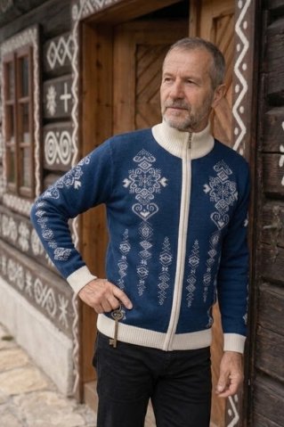 Pulover nordic bărbătesc cu fermoar lung Folk-AZ navy-natur