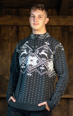 Férfi sötétszürke norvég mintás kötött pulóver – szarvas motívummal