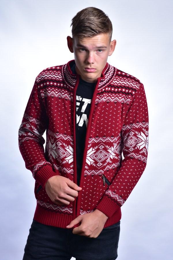 Gyapjú  férfi norvégmintás pulóver zsebekkel AZ_bordó