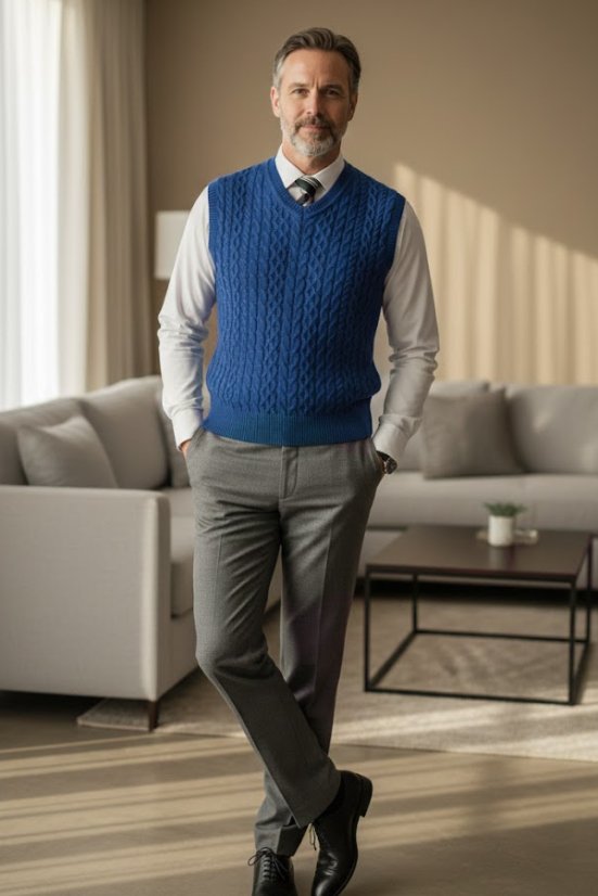 Stilski kraljevsko plavi prsluk Ewident s pletenicama na muškarcu s elegantnom košuljom.