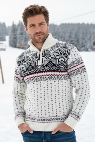 Herren weißer Wollpullover mit norwegischem Muster Libor-Z