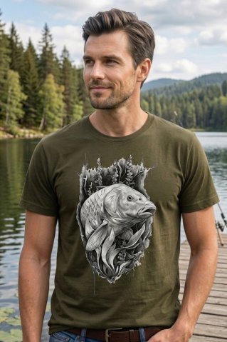 Muška ribolovna majica – Motiv Šaran, maslinasta boja