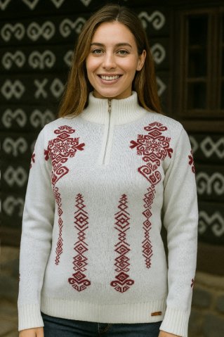 Sweter z norweskim wzorem Folka-Z naturalny-bordowy